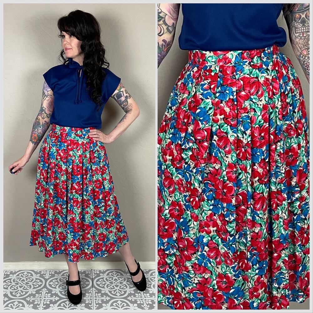 Vintage 1970s Floral Print Pleated Midi Mom Skirt